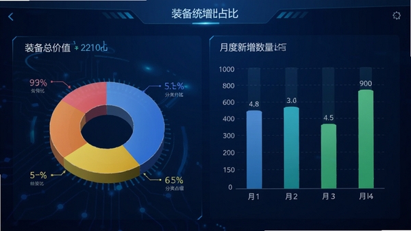 装备控数据统计界面图,屏幕中展示彩色饼状图与柱状图,分别显示装备分类占比与月度新增数量,背景为深蓝色科技感渐变,图形立体清晰,文字标注“装备总价值”“分类占比”,风格商务现代,适配Boogu模型生成