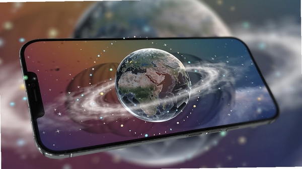 3D空间效果壁纸的视差演示场景，手机屏幕中一个立体的水晶星球悬浮在中央，随着手机角度变化，星球周围的星云和光点呈现不同层次的位移，背景是渐变色的宇宙空间，画面清晰展示出景深和动态模糊效果，科技感十足
