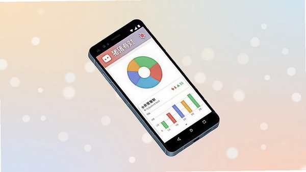 An isometric Android phone floating in the center, screen showing the 猪猪有财 dashboard with colorful pie chart and bar graph, soft gradient background, 3D render, bokeh light spots