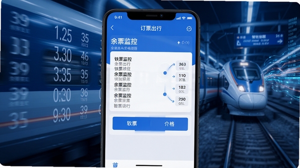 铁路火车票订票出行软件界面截图风格,展示余票监控与价格提醒功能页面,背景有动态的列车时刻表和数据流线条,突出智能化监控的科技感,画面以蓝色和白色为主色调