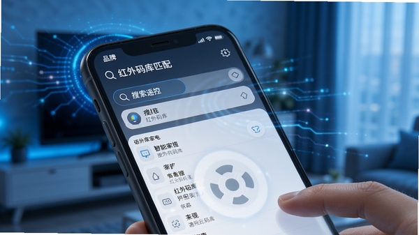 智能遥控家电通红外码库匹配界面，手机屏幕显示品牌列表，背景为科技感蓝色光效，画面聚焦于搜索和匹配过程，细节丰富