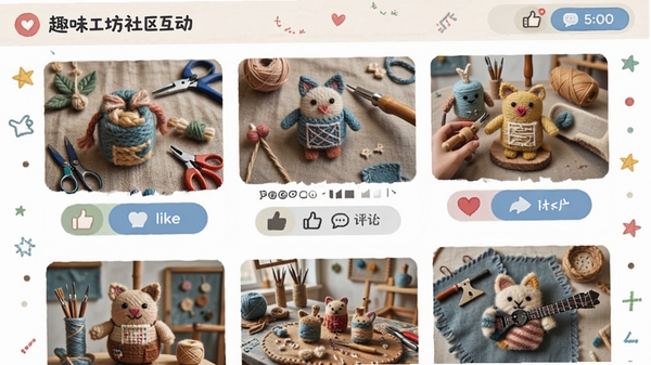 趣味工坊社区互动界面，展示用户作品瀑布流，包含各种手工成品照片，有点赞和评论按钮，界面风格活泼，突出社交分享氛围