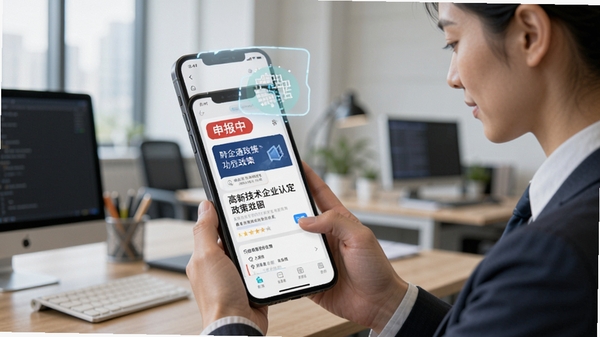 川企通政策推送功能示意图，手机界面展示一条关于高新技术企业认定的政策卡片，上方有红色“申报中”标签，背景为办公室场景，一位企业员工正在查看手机，画面突出精准匹配和及时提醒的特点