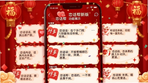 恋话帮最新版功能展示，手机界面显示新增的节日祝福分类，背景为红色喜庆风格，话术卡片整齐排列，整体画面充满节日气氛，突出恋话帮的丰富内容