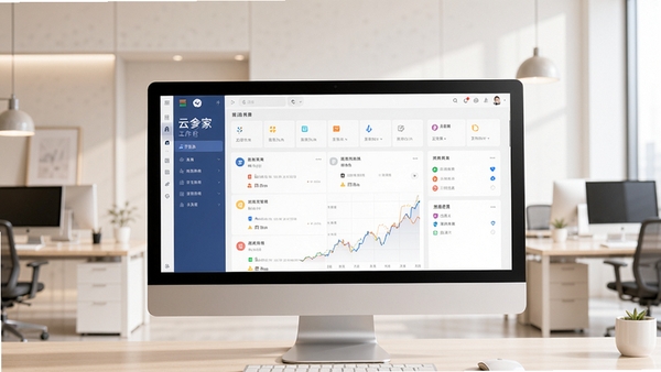 云之家办公软件主界面预览图，画面主体为电脑显示器中显示的云之家工作台界面，背景为现代简约的办公室环境，浅色调，光线明亮柔和