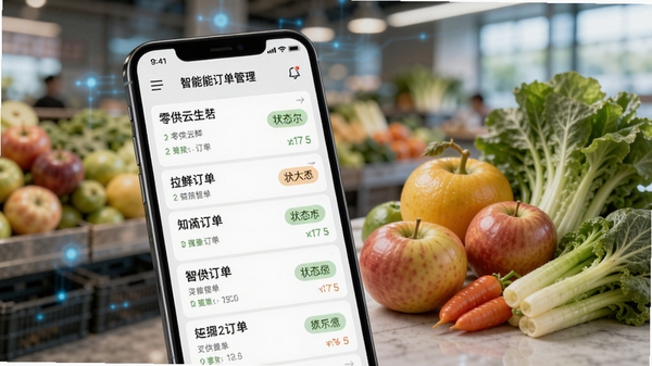 零供云生鲜智能订单管理界面截图风格图,展示手机上的订单列表和状态标签,旁边有生鲜水果和蔬菜的实物图,背景虚化,商务科技感,高清画质
