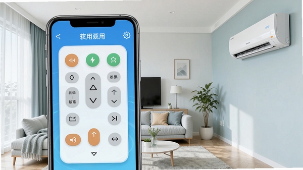 空调万用遥控器软件主界面预览图，展示手机屏幕上的虚拟遥控器面板，背景为现代简约客厅，空调挂机在画面右侧，整体色调明亮清爽，突出软件易用性和科技感