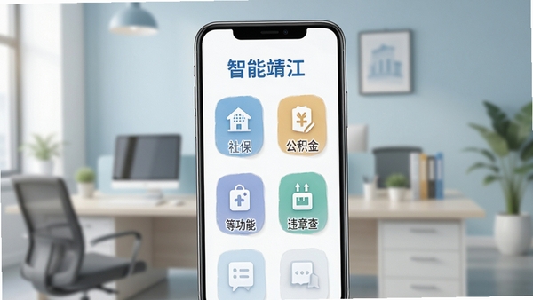 智慧靖江政务办事界面截图,展示社保、公积金、违章查询等功能图标,背景为简约办公场景,色彩柔和,突出手机屏幕内容,画面清晰,适合AI生成