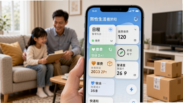 智能手机屏幕上显示熙怡生活的智能提醒通知列表，包括日程、缴费、快递等卡片式信息，背景是模糊的客厅场景，有家人互动和快递包裹元素，色彩温馨明亮，突出智能化和便捷性，竖版构图，UI界面清晰，细节真实，适合移动端展示。