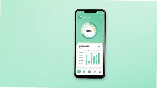 A modern Android smartphone placed slightly right of center on a soft mint-green gradient background, screen showing the SmartTrack app main interface with circular progress rings and a weekly habit chart, clean flat illustration style, bright and friendly atmosphere, no text, minimal shadows