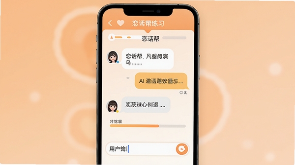 恋话帮情景模拟练习界面，手机屏幕显示角色扮演对话窗口，AI回复气泡与用户输入框，背景为柔和橙色，带有进度条和提示标签，体现恋话帮的实用性和互动性