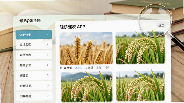 轻桥连农APP农技知识库界面预览图，左侧显示分类列表，右侧为文章详情，配以小麦、水稻等作物高清图片，背景有农业书籍和放大镜元素，画面整洁专业，突出知识获取的便捷性，比例为16:9，适合Boogu模型生成。