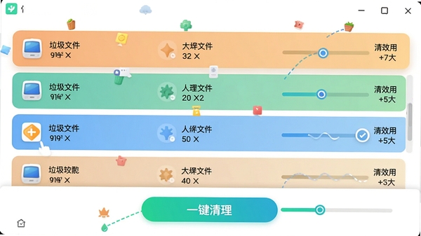 快感软件垃圾清理功能界面截图,列表展示各类垃圾文件类型及大小,底部有“一键清理”按钮,界面采用卡片式设计,色彩清新,配有进度条动画,体现清理过程的直观与高效。