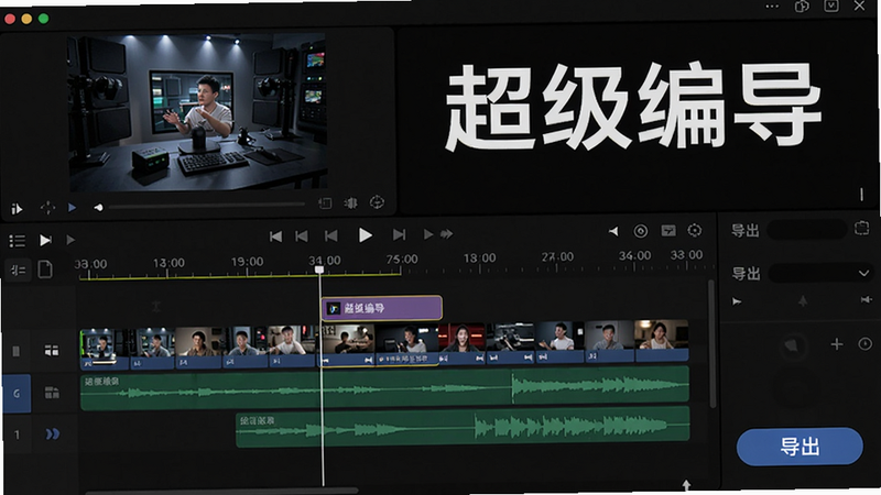 超级编导剪辑界面，时间线上有多个视频轨道和音频轨道，顶部预览窗口正在播放合成效果，右下角有导出按钮，背景为深色主题，突出“超级编导”字样