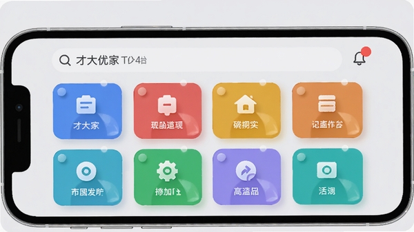 手机界面展示“才大优家”工作台,多个彩色功能模块卡片整齐排列,顶部有搜索栏和通知角标,背景浅灰,整体UI现代简洁,带有轻微阴影和高光