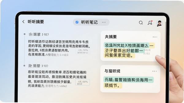 听听笔记智能摘要页面，显示分段文本与高亮摘要卡片，背景为柔和渐变，突出AI整理能力