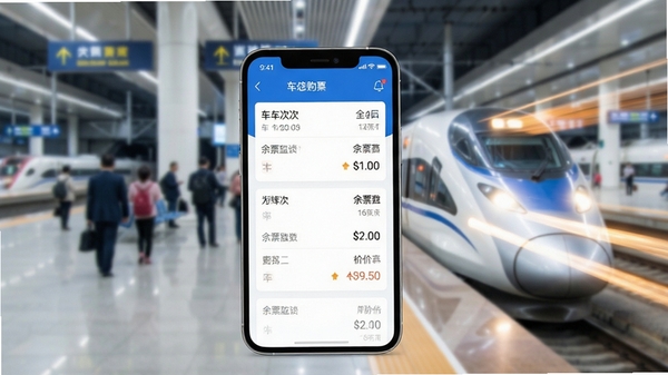 一张智能手机屏幕展示火车票查询购票应用主界面,背景为模糊的高铁站台,屏幕上清晰显示车次列表、余票数量和价格信息,界面以蓝白为主色调,简洁现代,画面右侧有列车驶过的光影效果,整体风格明亮清晰,突出便捷购票主题