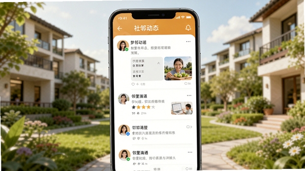 梦邻软件主视觉图，画面中心是一部智能手机屏幕展示社区动态信息流，背景是模糊处理的现代化居民小区与绿色花园，整体色调明亮温馨，突出邻里和谐与便捷沟通的主题