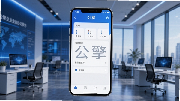 公擎企业办公软件主视觉图，画面中央为手机界面展示公擎应用，背景为现代化办公室场景，蓝色科技色调，界面简洁清晰，突出软件名称“公擎”字样。