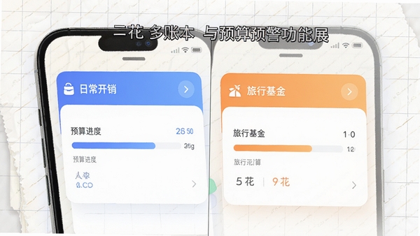 三花小账本多账本与预算预警功能展示图，画面展示手机屏幕分割为两个账本卡片，左侧为“日常开销”账本显示预算进度条，右侧为“旅行基金”账本，主色调为蓝色与橙色对比，背景有细微的网格纸纹理，强调数据可视化与规划感，画面风格为现代简约UI设计稿