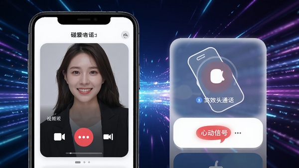 碰爱APP最新版功能界面展示,包含视频通话和心动信号新功能,画面采用卡片式布局,背景为科技感十足的动态光效,突出社交互动的高效与趣味