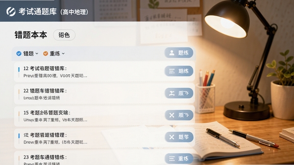 考试通题库（高中地理）错题本界面，展示错题列表和重练按钮，背景为学习桌和台灯，风格温馨写实