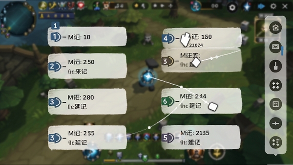 游戏助手点击器连点设置界面，显示多个可拖动的点击坐标点，每个点标注序号和延迟参数，背景为手机游戏画面模糊效果，悬浮窗半透明控制条位于屏幕右侧，界面清晰直观