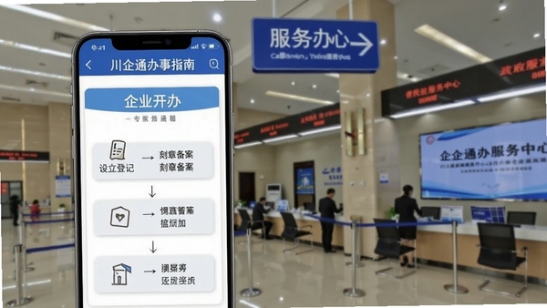 川企通办事指南页面，手机显示“企业开办”专题，包含设立登记、刻章备案等步骤，背景为政务服务中心大厅，有引导标识，画面体现便民利企的服务理念