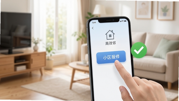 梦邻手机应用使用场景示意图，画面展示用户手指点击屏幕上的小区报修按钮，旁边有对号图标表示提交成功，背景为室内客厅环境，色调自然明亮，传达出操作便捷与问题解决的高效感