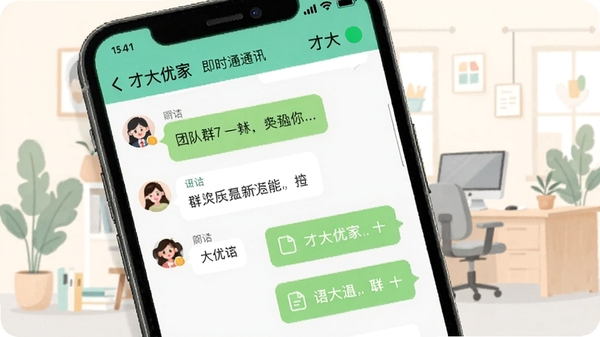 才大优家即时通讯对话界面,手机屏幕上显示团队群聊和文件气泡,顶部有绿色未读提示,背景为淡雅的办公插画