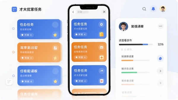 才大优家任务看板界面,竖屏手机屏幕,蓝色和橙色的任务卡片在列表中分布,右侧有头像和进度条,背景为柔和的浅色