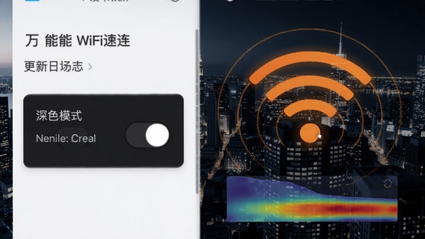 万能WiFi速连更新日志界面预览图，展示新增的深色模式开关与信号热力图，背景为夜晚城市俯瞰图，WiFi信号波纹以橙色高亮显示，画面科技氛围浓厚，风格专业
