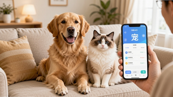 宠链APP主界面预览图，画面中央是一只金毛犬和一只布偶猫并排坐在沙发上，主人手持手机展示宠链应用界面，界面风格清新简约，背景为温馨的客厅环境，整体色调明亮温暖，突出人与宠物和谐共处的画面。