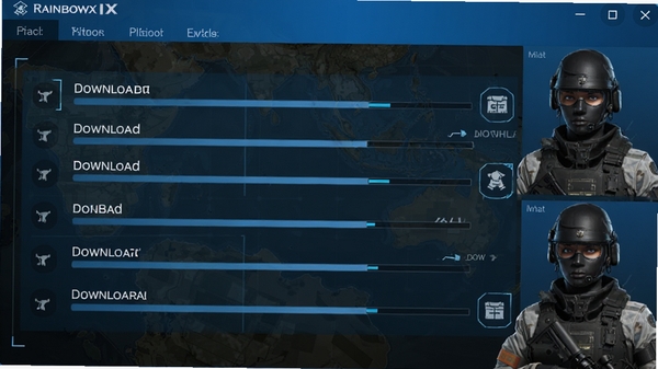 Rainbow Six Mobile安装器下载界面,显示多个进度条并行下载数据包,背景是战术地图与干员头像,界面UI现代感强,蓝色主色调,细节丰富,体现高效下载过程
