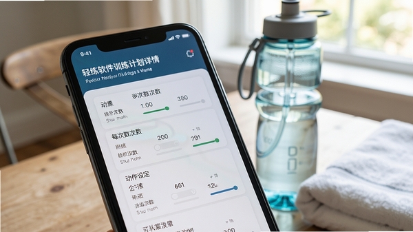 轻练软件训练计划详情页，展示动作列表与每组次数设定，背景为手机屏幕特写，旁边放置运动水壶与毛巾，光线自然，强调个性化定制功能，画面清晰有质感