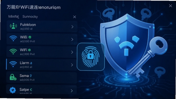 万能WiFi速连密码管理界面，展示加密的WiFi列表和指纹解锁图标，背景有盾牌与钥匙元素，强调安全属性，画面色调偏蓝，科技感十足