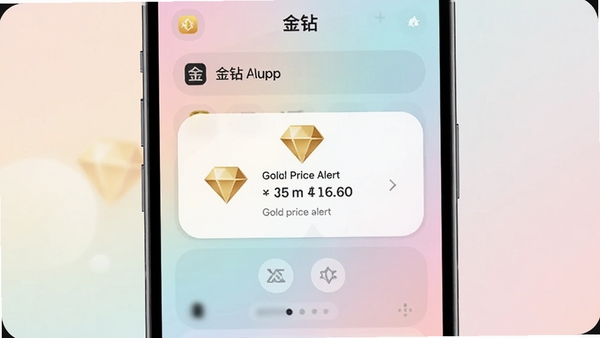 A mobile phone notification screen of 金钻 app showing a gold price alert pop-up with golden diamond icon, clean UI, pastel gradient background, centered subject, Boogu style