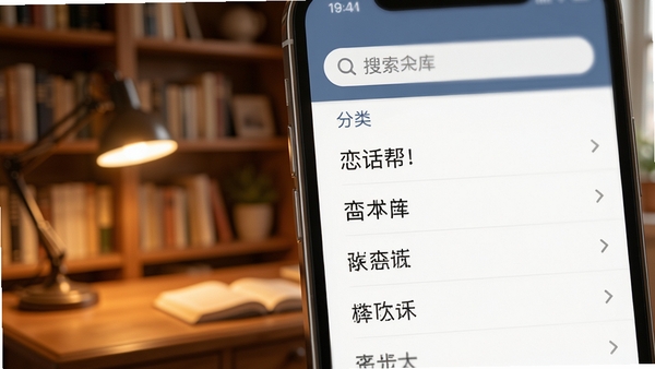 恋话帮智能话术库功能展示，手机屏幕内显示分类列表与搜索框，背景为暖色调书房场景，画面聚焦于屏幕上的文字选项，风格写实清晰。