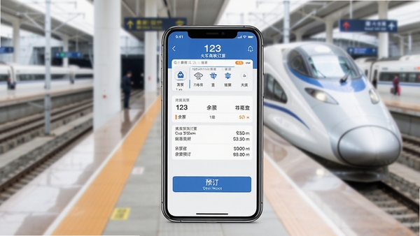 一幅展示智能手机屏幕的俯视图，手机屏幕清晰显示123火车高铁订票查的界面，背景是模糊的高铁站台与即将出发的白色高铁列车，画面明亮，突出软件界面中余票查询和预订按钮的清晰布局，整体风格现代简洁，契合出行主题