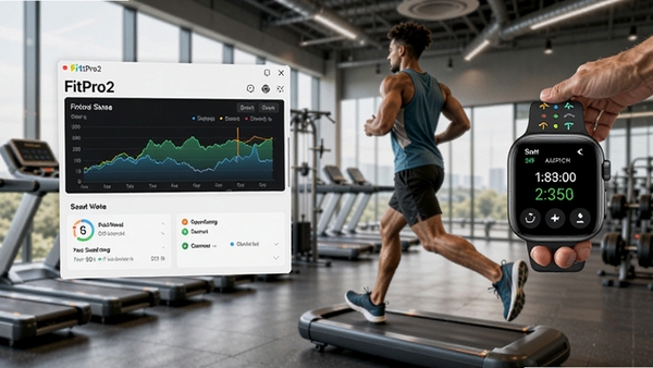 FitPro2 健身管理软件主界面，展示运动数据图表，智能手表同步连接，背景为现代健身房，人物正在跑步，画面清晰，色彩鲜明