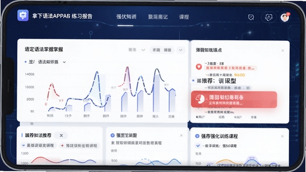 拿下语法APP的练习报告页面,页面以数据图表形式展现用户的语法掌握情况,薄弱知识点用红色标注,并推荐了对应的强化训练课程,背景是深蓝色的科技感渐变,视觉效果专业且具有科技感