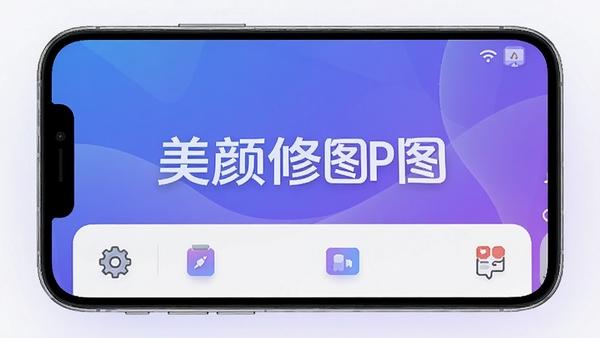美颜修图P图主界面展示，手机屏幕内显示功能布局，背景为渐变蓝紫色调，画面主体突出软件名称，风格现代简约，高清渲染