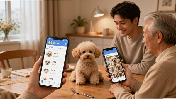 宠链家庭共享功能展示图，画面中一对年轻夫妻和一位老人围坐在餐桌旁，各自拿着手机查看宠链APP，手机屏幕显示家庭组成员列表和共享的宠物相册，桌上放着一只泰迪犬，整体氛围温馨和谐。