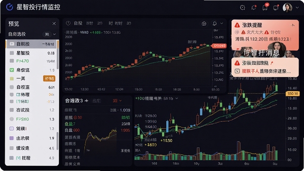 星智投行情监控页面预览，展示股票分时图、K线图、盘口数据，界面包含自选股列表和涨跌提醒消息，整体设计以深色背景为主，数据刷新流畅，视觉重点突出价格走势和提醒标记