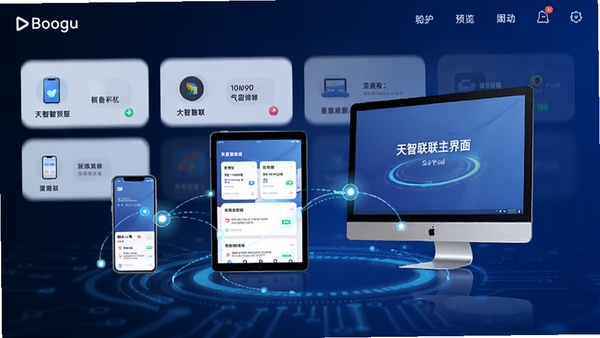 想天智联主界面预览图，展示多设备互联卡片式布局，背景为深蓝色科技感渐变，前景悬浮着手机、平板、电脑三台设备的连接动画，光线明亮，细节丰富，整体风格现代简约，适配Boogu模型生成。