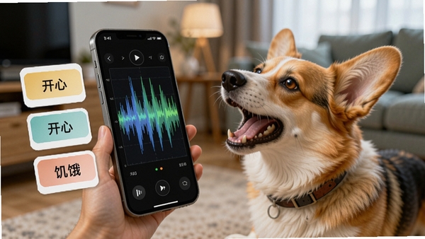 Animal Translation声音识别功能演示图，手机屏幕显示波形分析界面，旁边有“开心”、“饥饿”等情绪标签卡片，背景是模糊的室内环境，一只柯基犬对着手机叫，画面生动有趣，高清渲染
