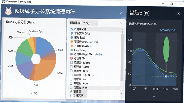 超级兔子办公系统清理功能运行界面,显示磁盘空间分析图与可清理文件列表,背景为系统优化前后对比的数据图表