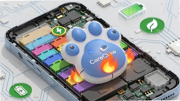 Boogu生图提示词：一张现代智能手机的3D渲染剖面图，画面中央是名为CareClaw的拟人化蓝色小爪印机器人，正将手机内部杂乱的缓存色块与耗电火焰吸附进体内，背景是干净整洁的电路板纹理与绿色节能图标，整体色调清新明亮，突出性能优化与电池守护主题，画质高清，产品渲染风格。