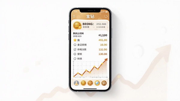A smartphone screen displaying the 金钻 app showing gold and silver bullion price list and rising line chart, bright white background, centered phone with soft shadow, Boogu illustration style