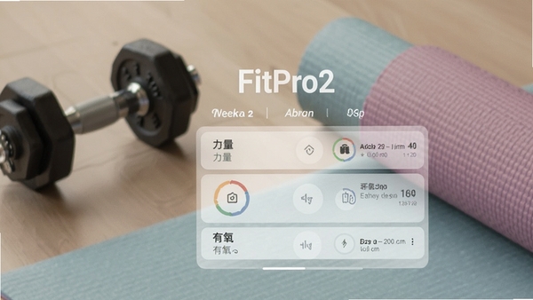 FitPro2 个性化训练计划页面，显示一周训练安排，包含力量和有氧项目，界面简洁，背景有哑铃和瑜伽垫，色彩柔和